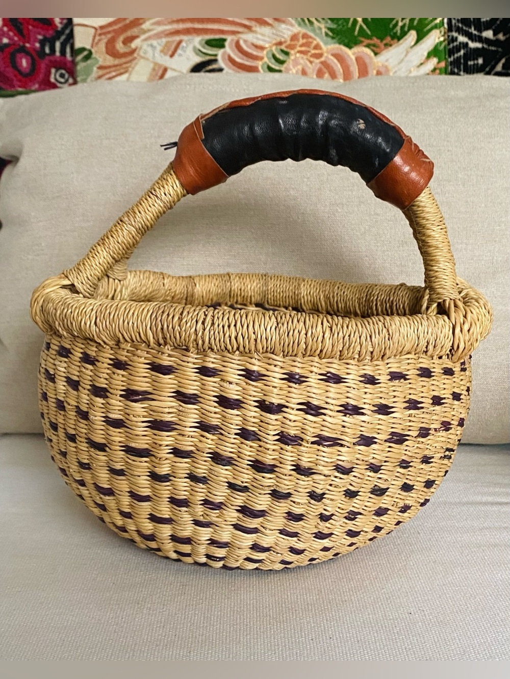 Small African Bolga Hand Woven Basket w Leather Handle Dark Purple Accents 9”